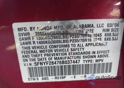 2006 Honda Pilot Ex z USA, uszkodzony, nr VIN 5FNYF28476B037447